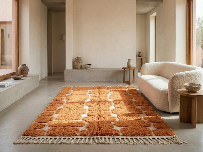 May include: An orange and white patterned rug with a shaggy texture and fringed edges. The rug is rectangular and features a repeating pattern of cloud-like shapes. The rug is placed in a living room setting with a white sofa and wooden side tables.