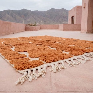 May include: A rectangular, orange rug with a geometric pattern and cream-colored fringe. The rug is made of a thick, textured material and is placed on a pink concrete surface. Mountains are visible in the background.
