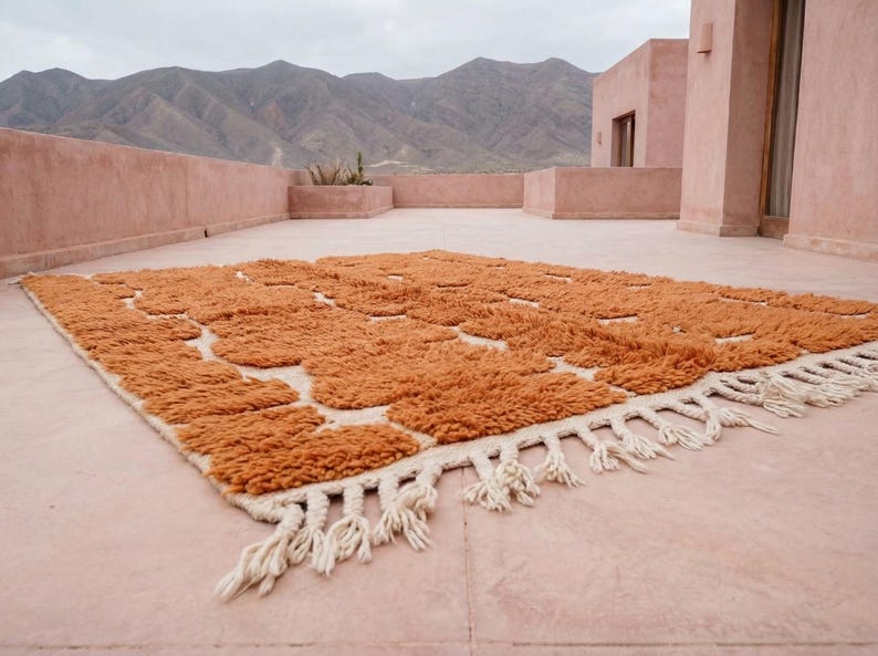 May include: A rectangular, orange rug with a geometric pattern and cream-colored fringe. The rug is made of a thick, textured material and is placed on a pink concrete surface. Mountains are visible in the background.