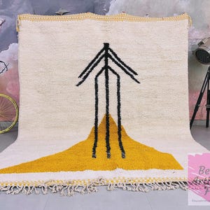 Modern Moroccan Rug, Ivory and Yellow Wool, Handmade Area Carpet, Abstract Geometric Design, Boho Living Room