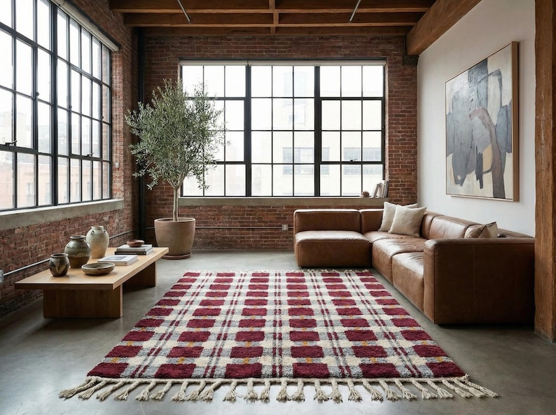 Deep red wool rug with textured checkerboard pattern, handwoven in Morocco using natural wool. This Berber style rug features rich red tones with subtle geometric variation and a plush high pile surface. Ideal as a statement area rug for living room or bedroom, adding warmth, depth, and artisan character to modern or boho interiors.