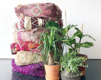 Moroccan Kilim Pouf, Floor Pouf, Vintage Moroccan Ottoman, Beni Ourain Square Pouf, Yoga Meditation Cushion, Outdoor Orange Kilim Pillows.