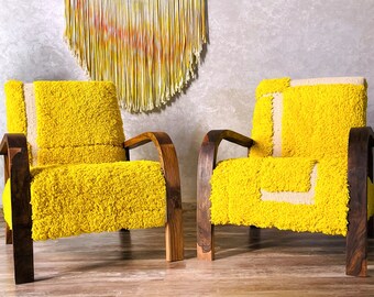 Set of 2 Mid century armchair - Retro lounge chair - modern chair - relax vintage style chair - Handmade walnut wood and vintage kilim chair