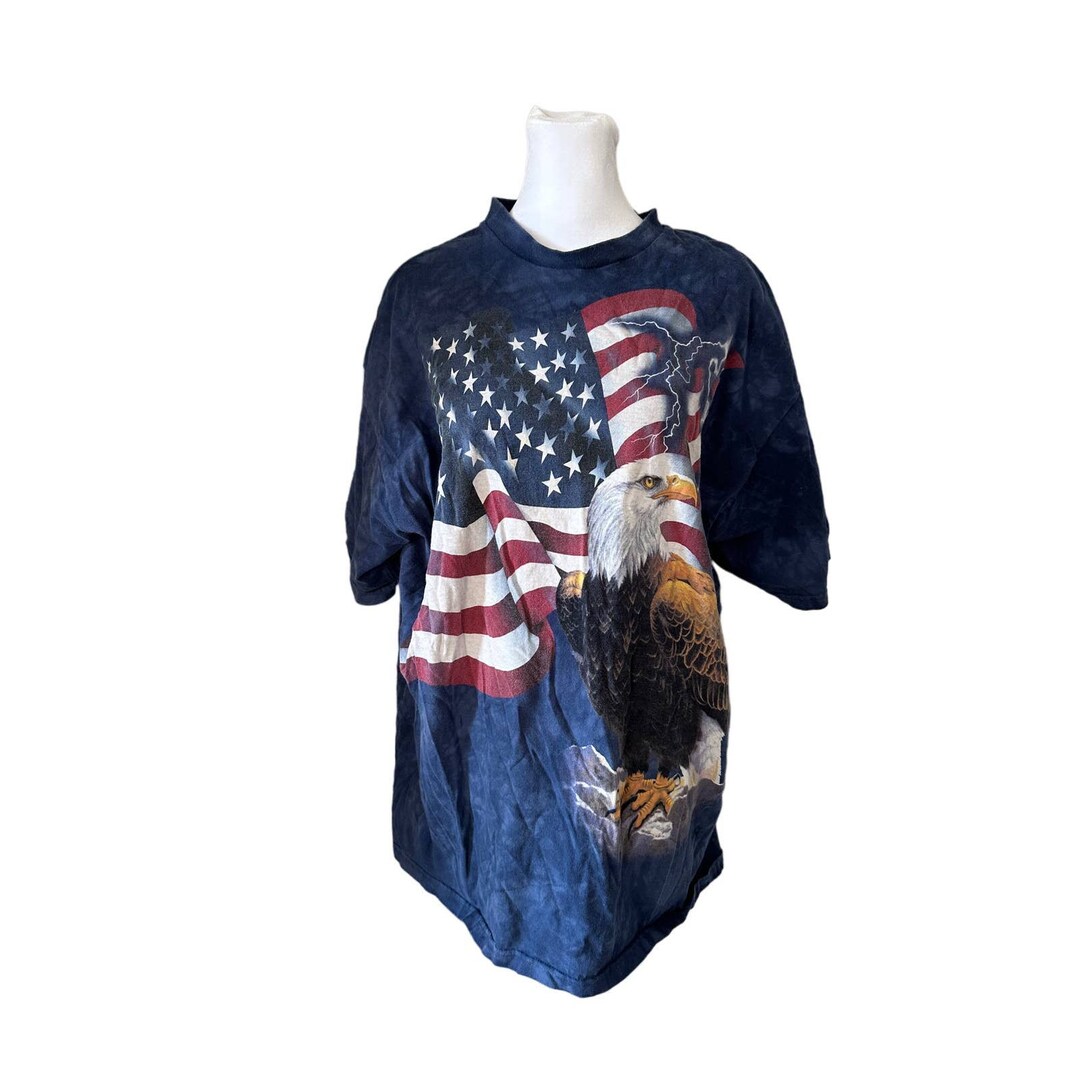 T-shirt The Mountain Tie Dye Bleu - Aigle & Drapeau Américain, Taille XXL Vintage