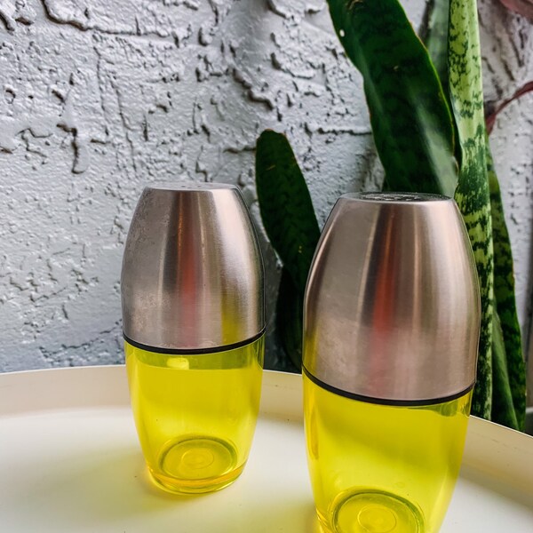Neon Yellow Salt & Pepper Shakers • Plastic with Metal Lids