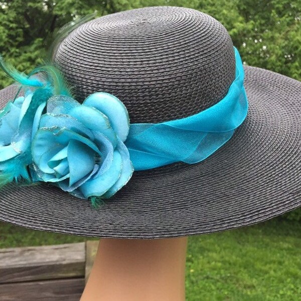 Arlin Hat, Vintage, Black straw, Wide Brim, turquoise floral/ribbon/feather embellishments, Pearl hat pin, Mint