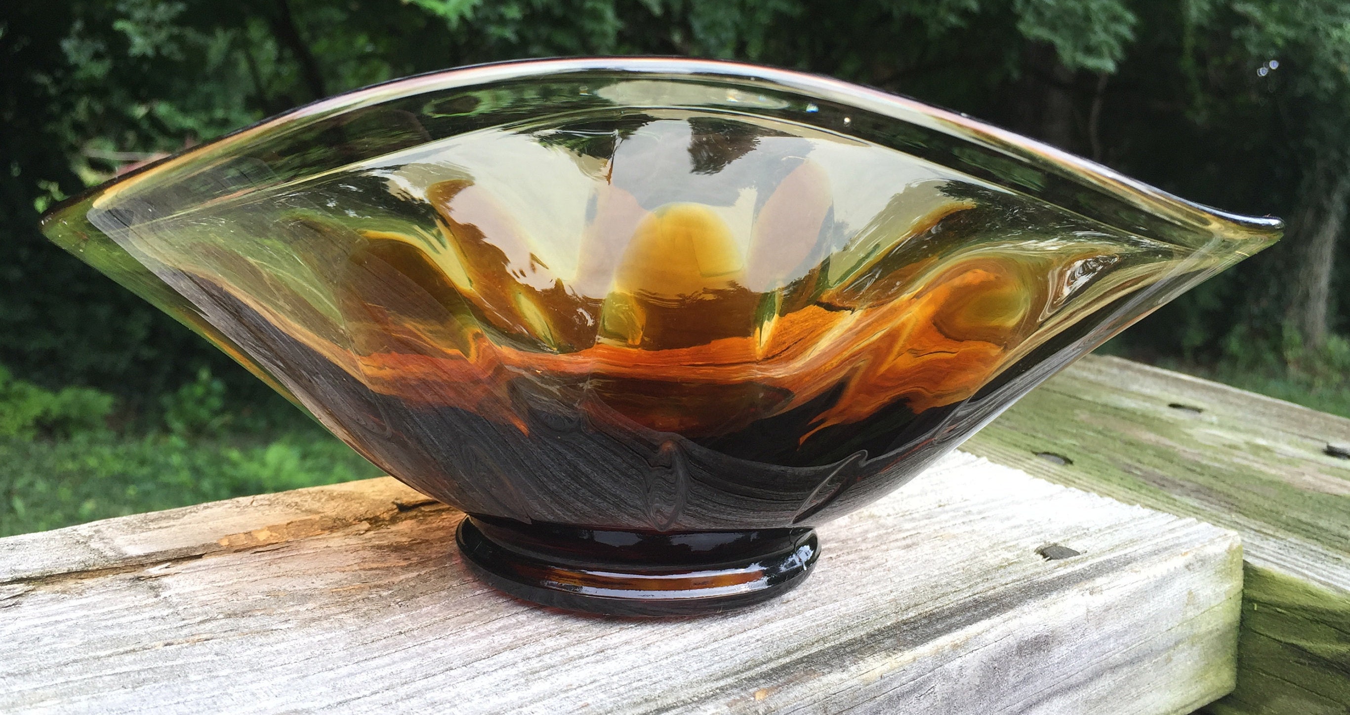 Mid Century Free Form Fluted Art Glass Bowl Amber Brown Etsy UK