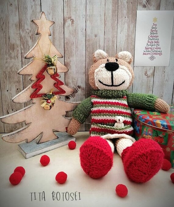 Red Hand Knitted Teddy Bear Christmas Tree Decoration Red Hand Knitted Teddy Bear Christmas Tree Decoration