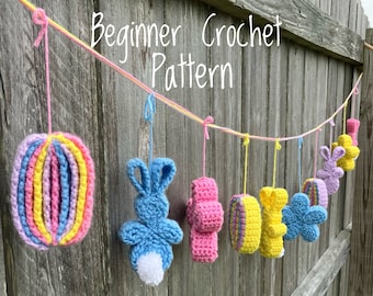 Patrón de guirnalda de Pascua a crochet: Conejito, huevo y flor (para principiantes) (Patrón en PDF)