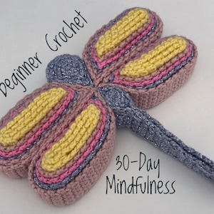 Puede incluir: Una libélula de crochet con alas rosas, amarillas y moradas y una cola plateada. La libélula está etiquetada como "Crochet para principiantes" y "30 días de mindfulness".