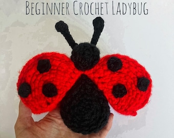 May include: A handmade crochet ladybug in red and black. The ladybug has red wings with black spots, a black body, and black antennae. The text "BEGINNER CROCHET LADYBUG" is at the top.
