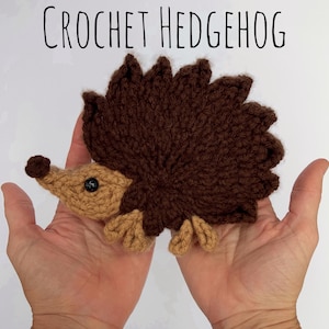 Op de afbeelding: Een gehaakte egel in bruin- en beigetinten, vastgehouden in open handen. De egel heeft een stekelige rug, een kleine snuit en kleine voetjes. De tekst "CROCHET HEDGEHOG" staat boven de egel.