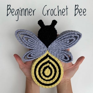 May include: A crocheted bee with black head, gray wings, and a yellow and black striped body. The bee is held in the hands of a person.