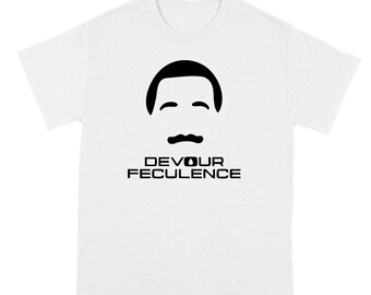 May include: White t-shirt with a black silhouette of a person's face and the text "DEVOUR FECULENCE" printed on the front.