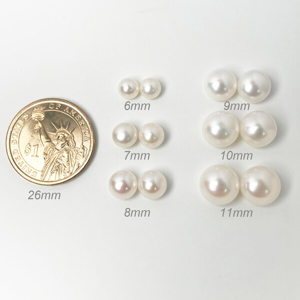 2pcs AAA high luster 6-11mm button round freshwater white pearls Pair for pearl earrings, pearl jewelry making supplies #BP-01