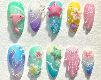 Ocean Themed Floral Press on Nails - Beautiful Spring Summer Handmade Fake Fingernails - Beach Flower Lovers Nails X21