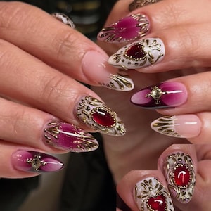 Handmade Press On Nails, Vintage Gothic Ruby Gem and Gold Chrome Filigree Reusable Custom Fingernails - Gel Fake - Glue on Nails