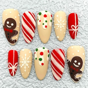 Weihnachten Schneeflocke Lebkuchen Mann Press On Nägel - Candy Cane Benutzerdefinierte Urlaub Fingernägel - Gel Fake Nails - Handgemachte Nägel