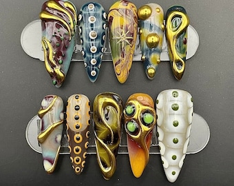 Gold Chrome Freestyle Press on Nails - Mystery Land Reusable Handmade - Long Short Custom Nail Art - Fake Fingernails - Glue on Nails A49