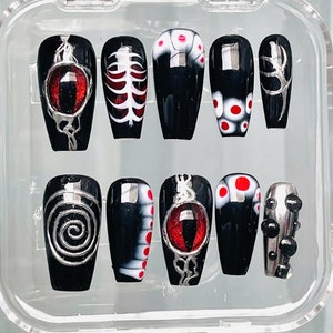 Dark Dimension Halloween Red Eyes Press on Nails - Gothic Black Red Y2K Fingernails D23