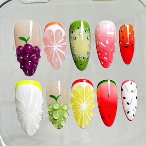 Handmade Colorful Fruit Press On Nails - 3D Reusable Fingernails - Summer Fake Nails - Glue on Nails B22