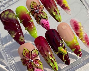 Handmade 3D Frog Floral Press On Nails | Green Purple Tropical Jungle Spring Fake Nails