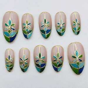 Green Stained Glass Floral Gold Press on Nails - Mosaic Artistic Unique Elegant Handmade Reusable Fake Fingernails X22