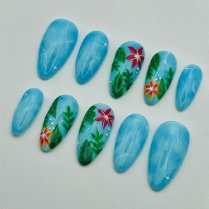 The Floral Water in Blue Press On Nails - Handmade Reusable Custom Fingernails - Gel Fake Nails - Glue on Nails Z27