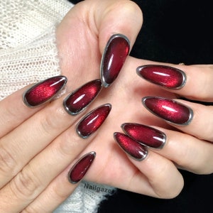 Midnight Magic Cat Eye Press on Nails - Red Ombre Silver Chrome Y2K Acrylic Handpainted Punk Handmade Party Set Fake Gel Glue on Nail D86