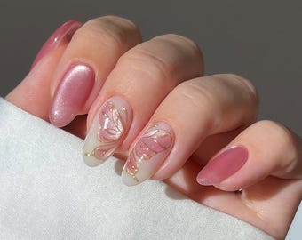 Handmade Press On Nails Almond, Pink Butterfly Wing with Gold Chrome Outline, Custom Shape Fake Nails