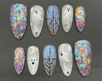 Spooky White Ghost Glitter Press On Nails - Halloween Handmade Reusable Fingernails - Diamond Spider Webs Fake Nails - Glue on Nails