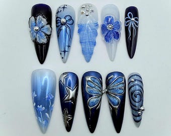 Handmade Press On Nails Almond, Blue Mix Match with Silver Butterfly and 3D Flowers, Custom Shape and Length
