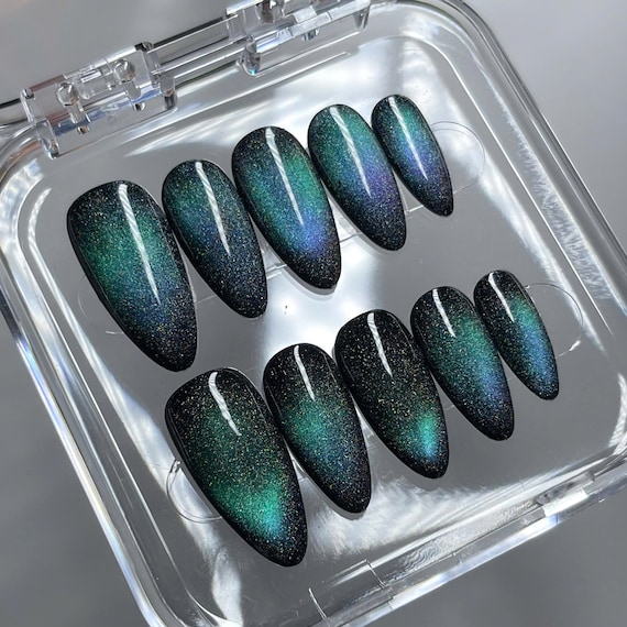 Green Blue Purple Unique Cat Eye Press On Nails - Galaxy Cosmic Handmade Reusable Fingernails - Fake Fingernails - Glue on Nails