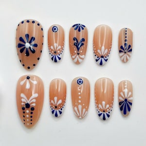 Handmade Porcelain Blue Mexico Tile Press on Nails - Spanish Tile Ceramic White Fake Fingernails - Talavera Blue Nails H32