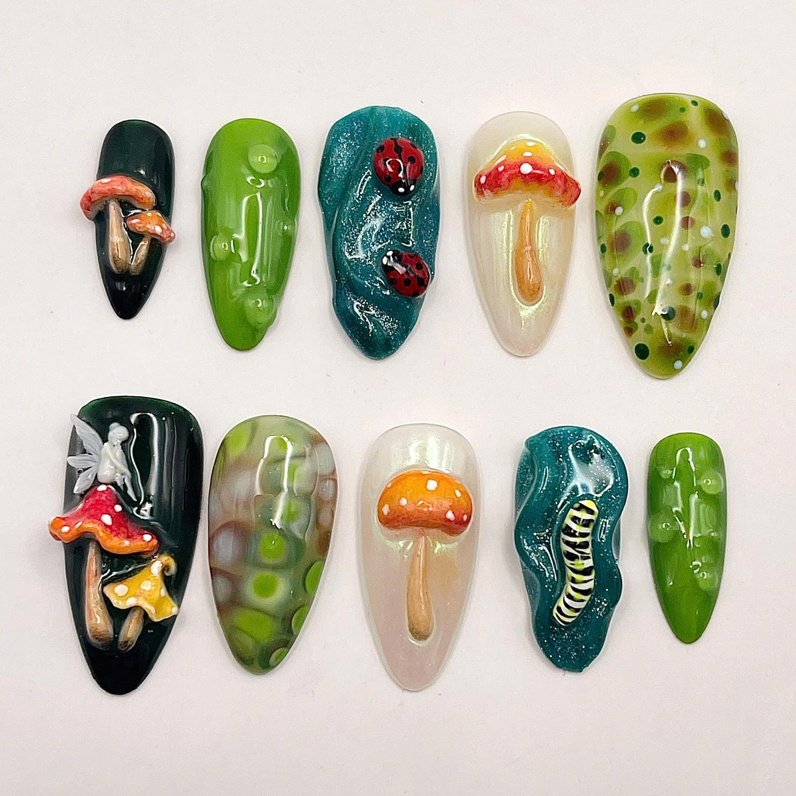 Mushroom 3D Spring Press on Nails - Ladybug Worm Garden Handmade Customizable Nail Art - Fake Fingernails - Glue on Nails M26