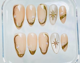 Shiny Pearl Gold Press On Nails - Luxury Handmade Reusable Custom Fingernails - Gel Fake Nails - Glue on Nails A86