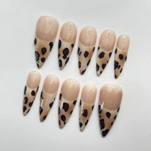 Cheetah Print French Tip Handmade Press on Nails - Reusable Fingernails - Fake Nails Z46
