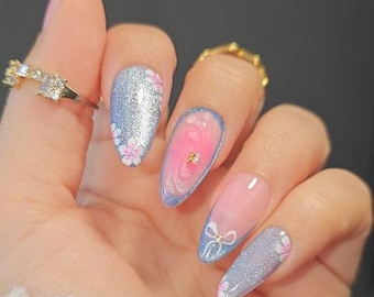 Cherry Blossom Sakura with Bow in Blue Cat Eye and Pink Fake Nails - Handmade Press on Nails