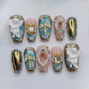 Handgjorda pressnaglar, 3D barockängel och guldkors med renässanskonst, lyxig anpassad form och längd, present till henne bild 1