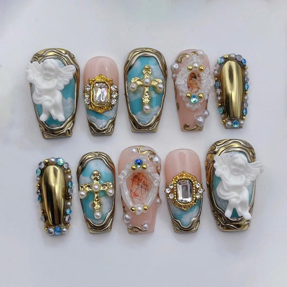 Handmade Press On Nails, 3D Baroque Angel and Gold Cross with Renaissance Art, Luxury Custom Shape and Length, Gift for her