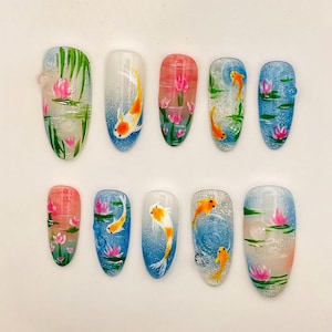 Koi Fish Lotus Painting Press on Nails - Water Floral Handmade Reusable Custom Fingernails - Gel Fake Nails - Glue on Nails N54