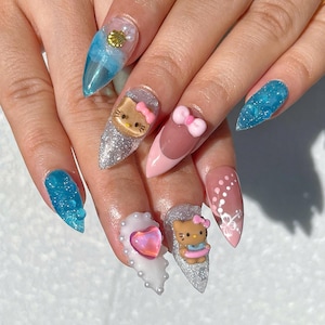 Kawaii Kitty Beach Theme Cute Press on Nails - Reusable Handmade Fake Fingernails U96
