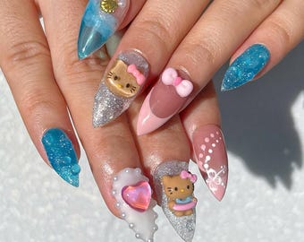 Presse sur le thème de la plage Kawaii Kitty - Faux ongles réutilisables faits main