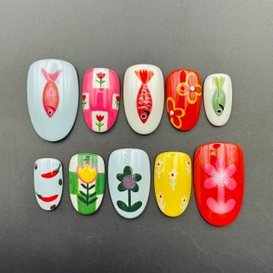 Hand-Painted Fish and Flowers Press On Nails – Reusable Gel Fake Nails