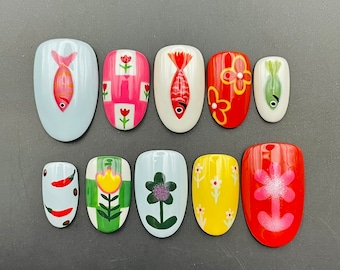 Colorful Painting Fish and Flowers Press On Nails - Handmade Reusable Custom Fingernails - Gel Fake Nails - Glue on Nails X54