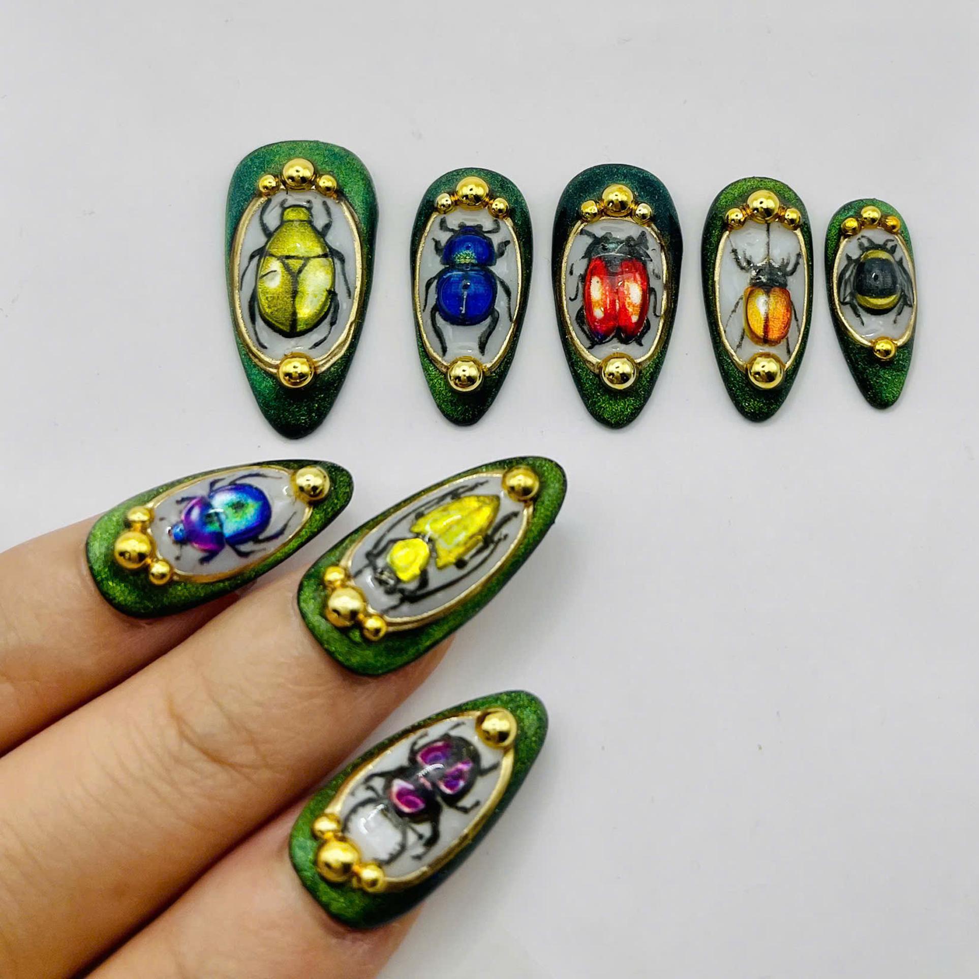 Shiny Multicolor Bug Gallery Gold Framed Press on Nails - Luxury Handmade Fake Fingernails - 3D Insect Lover Nails - Glue on Nails C28