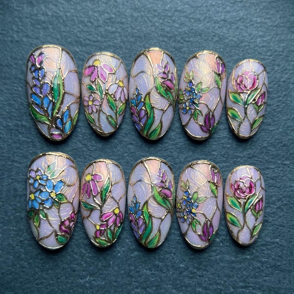 Handmade Floral Stained Glass Press On Nails | Vintage Flower Gold Line Fake Nails
