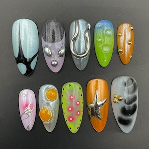 Colorful Y2K Free Style Press on Nails - Handpainted Reusable Beautiful Gothic Birthday False Custom Party Set Fake Gel Glue on Nail B86