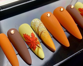 Autumn Fall Maple Leaf Handpainted Press On Nails - Long Almond Beautiful Custom Gel Fake Glue on Nail - Gift for her