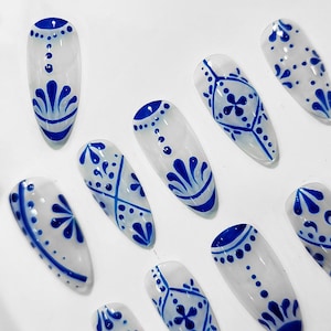 Handmade Porcelain Blue Press on Nails - Spanish Tile Ceramic Fake Fingernails - Talavera Blue Nails B92